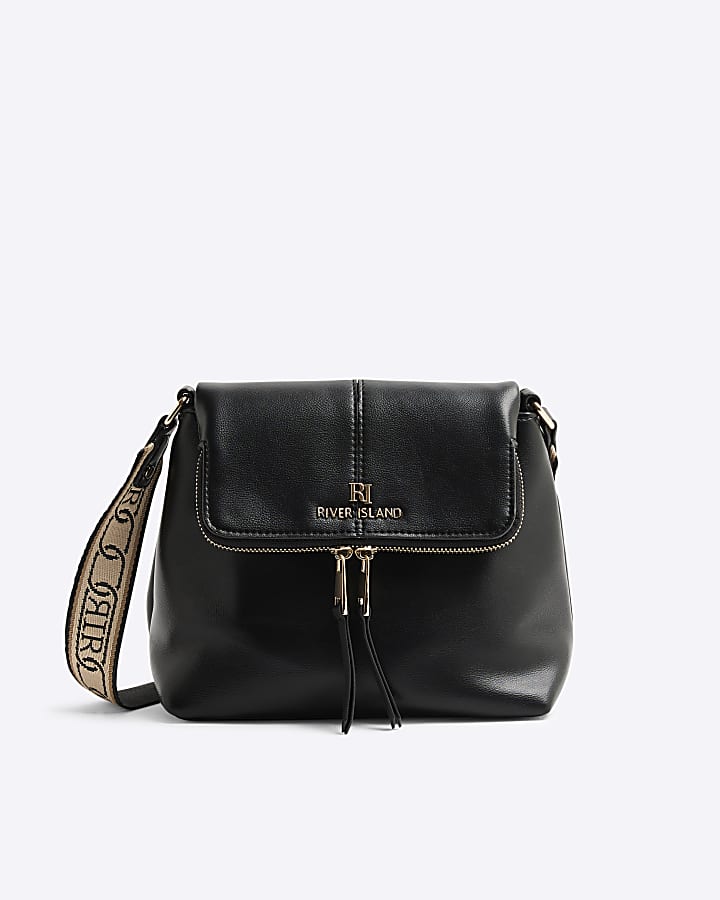 Black Faux Leather Zipped Messenger Bag