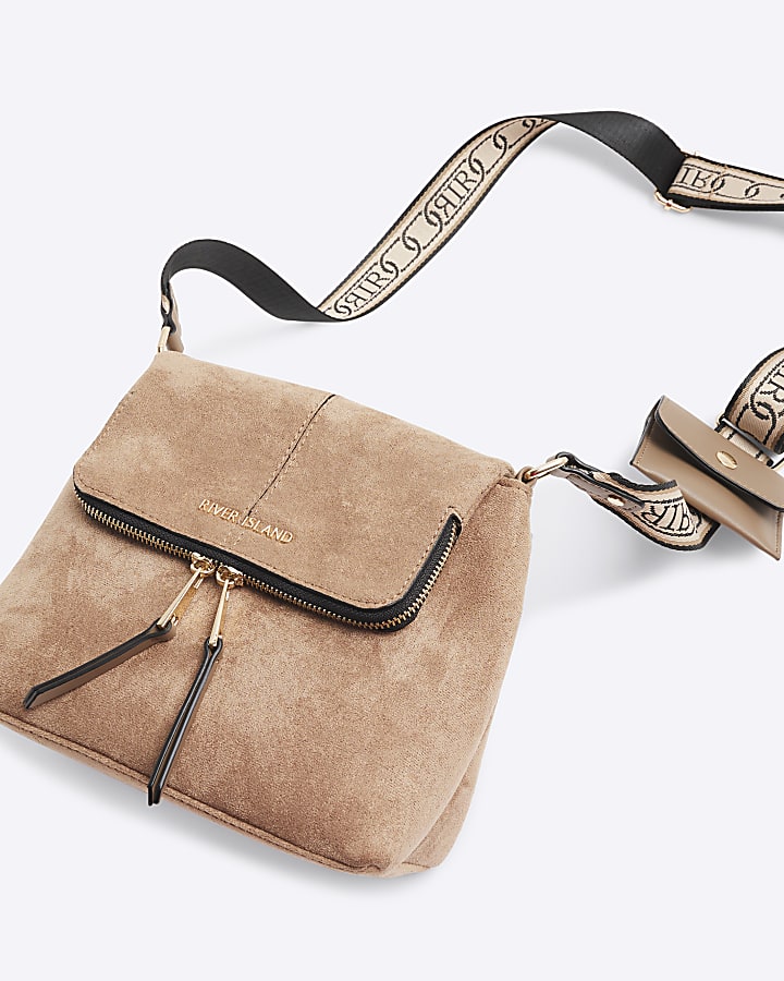 Beige Faux Suede Zipped Messenger Bag