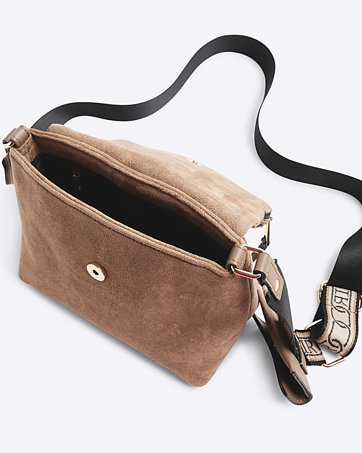 Beige Faux Suede Zipped Messenger Bag