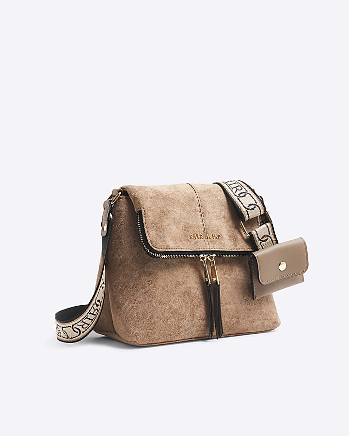 Beige Faux Suede Zipped Messenger Bag