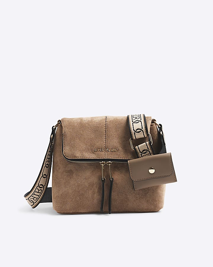 Beige Faux Suede Zipped Messenger Bag