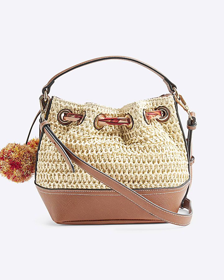 Beige Scarf Raffia Bucket Bag