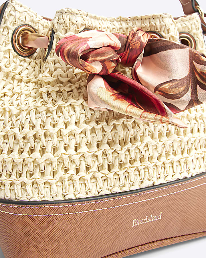 Beige Scarf Raffia Bucket Bag