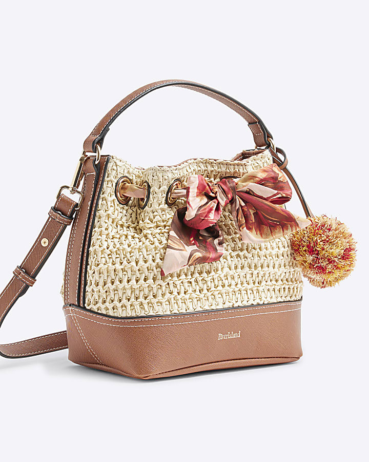 Beige Scarf Raffia Bucket Bag