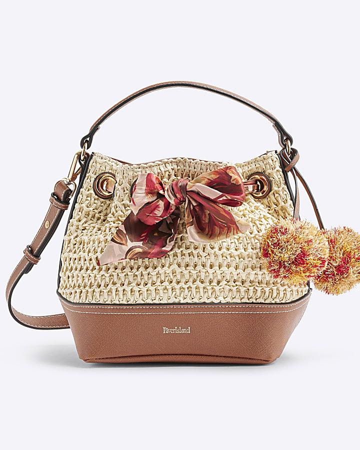 Beige Scarf Raffia Bucket Bag