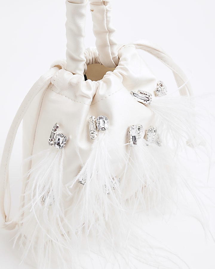 Cream Feather Embellished Clutch Bag