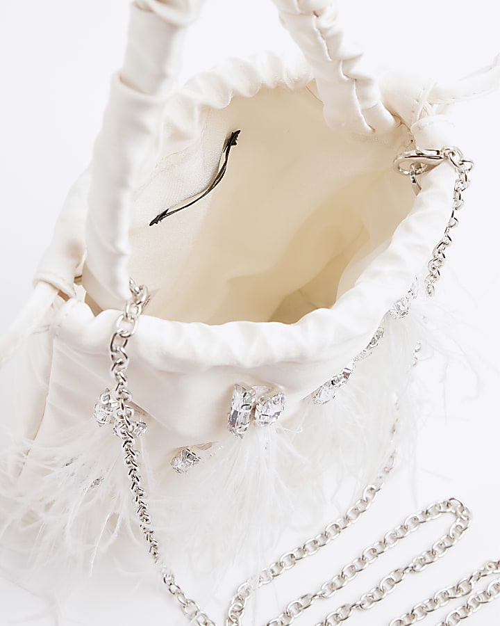 Cream Feather Embellished Clutch Bag