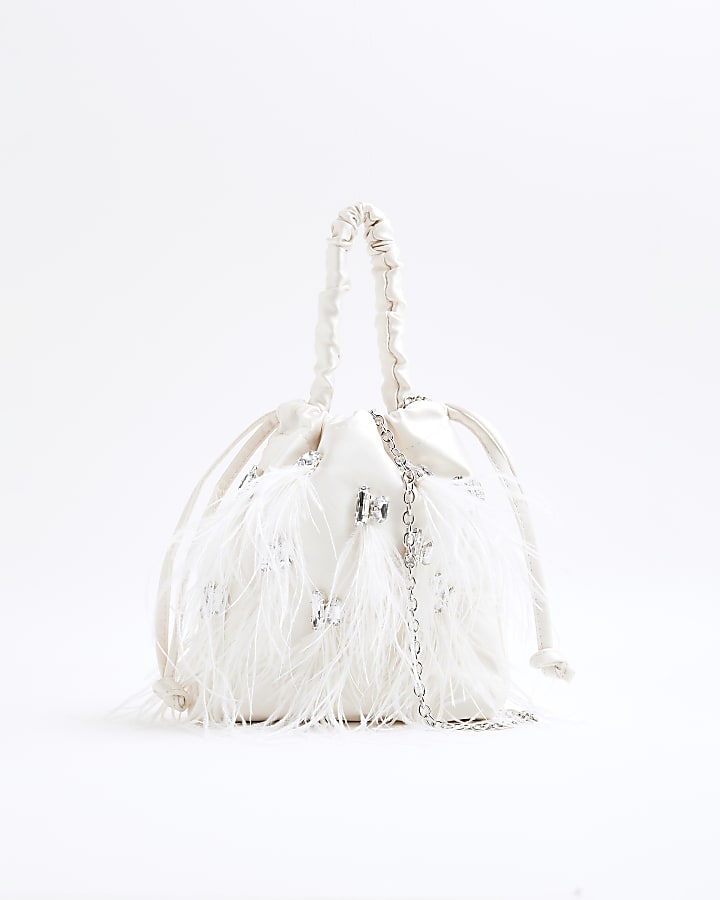 Cream Feather Embellished Clutch Bag