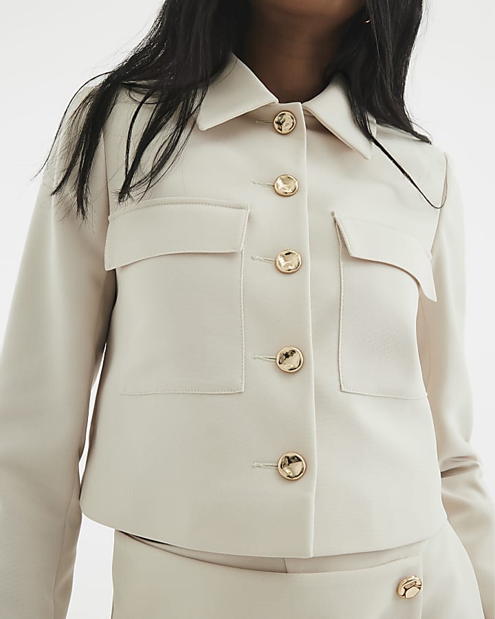 Beige Front Pocket Miliary Jacket