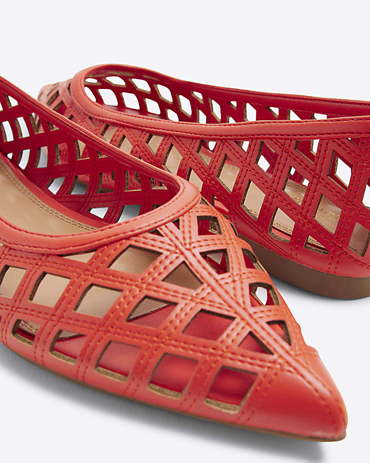 Orange Lattice Pointed Flat Shoes