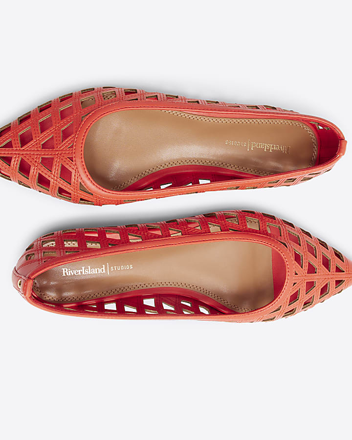 Orange Lattice Pointed Flat Shoes