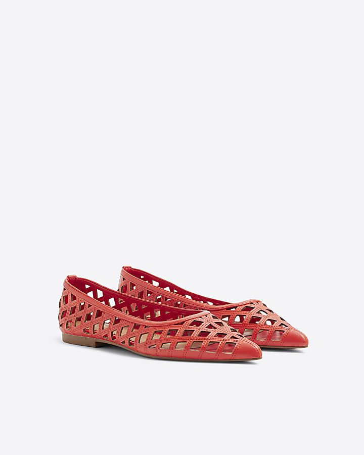 Orange Lattice Pointed Flat Shoes