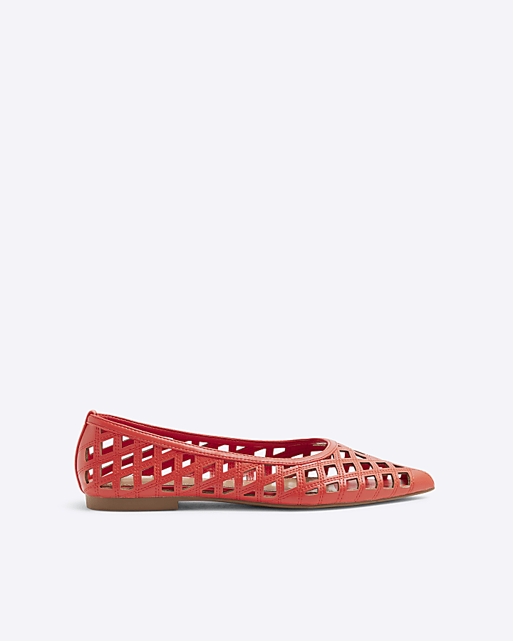 Orange Lattice Pointed Flat Shoes