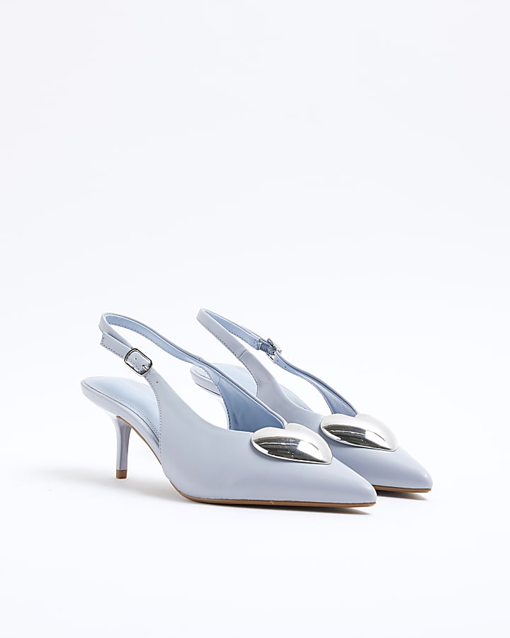 Blue Heart Sling Back Heeled Court Shoes