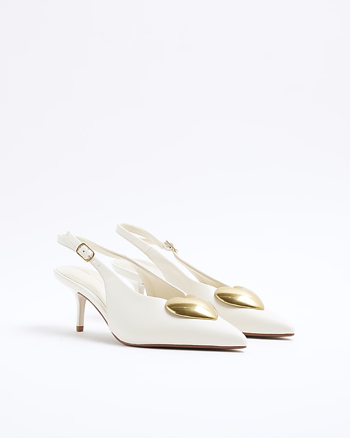 White Heart Sling Back Heeled Court Shoes