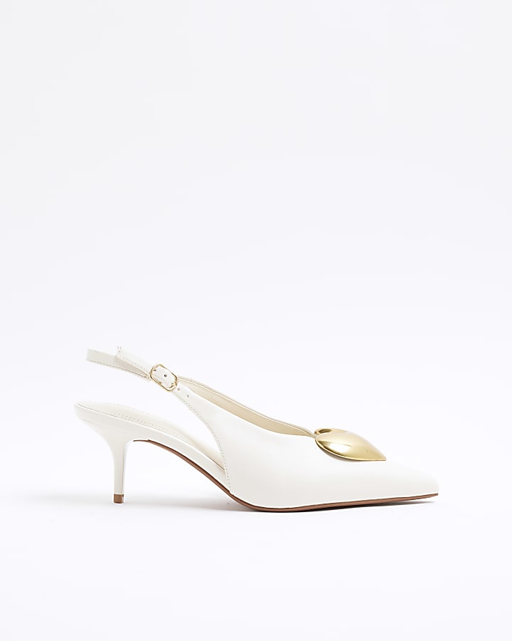 White Heart Sling Back Heeled Court Shoes