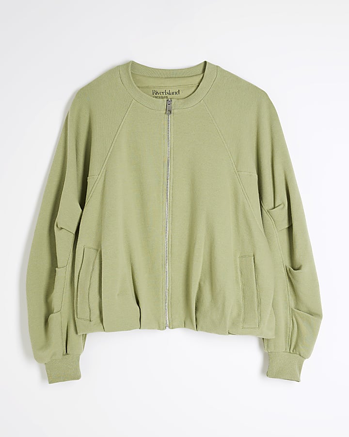 Khaki Long Sleeve Bubble Hem Bomber Jacket