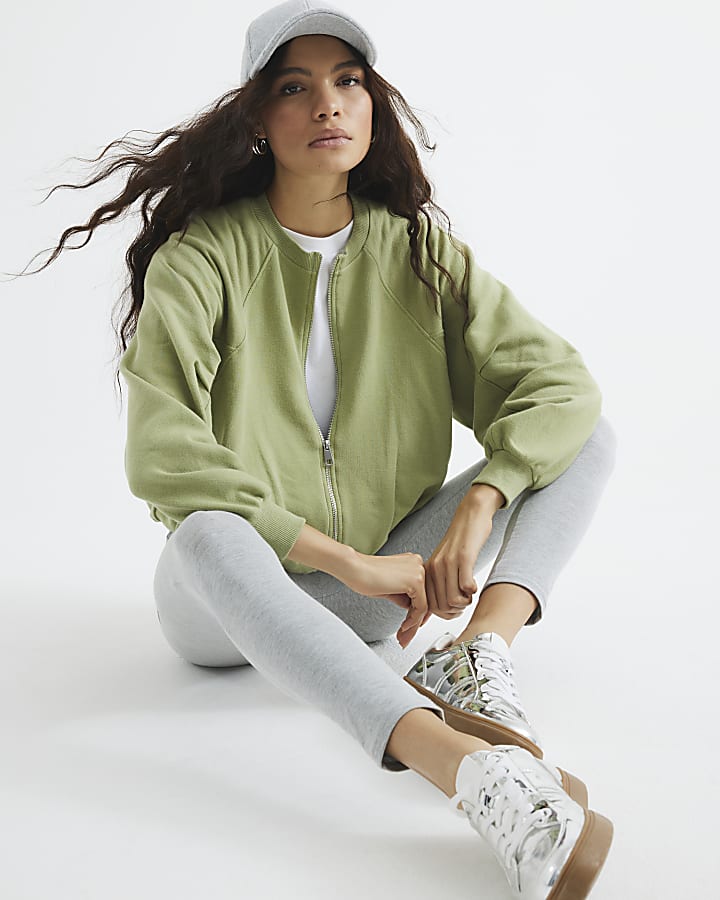 Khaki Long Sleeve Bubble Hem Bomber Jacket