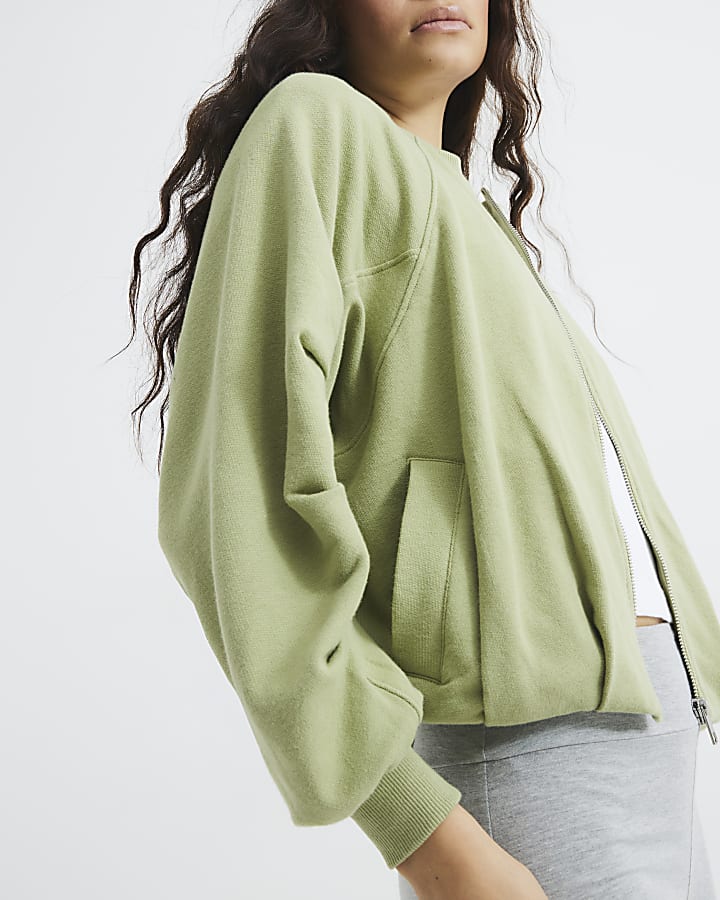 Khaki Long Sleeve Bubble Hem Bomber Jacket