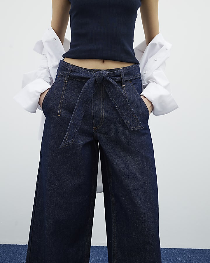 Indigo Belted Wide Leg Cropped Jeans