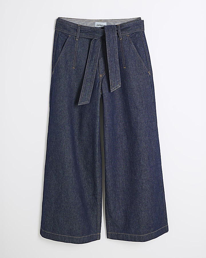 Indigo Belted Wide Leg Cropped Jeans