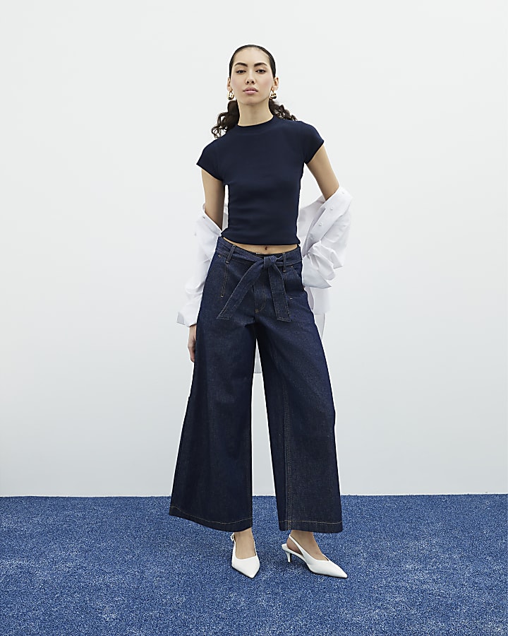 Indigo Belted Wide Leg Cropped Jeans