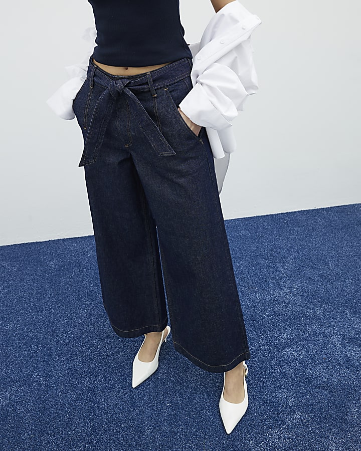 Indigo Belted Wide Leg Cropped Jeans