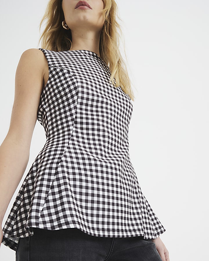 Monochrome Gingham Sleeveless Peplum Top