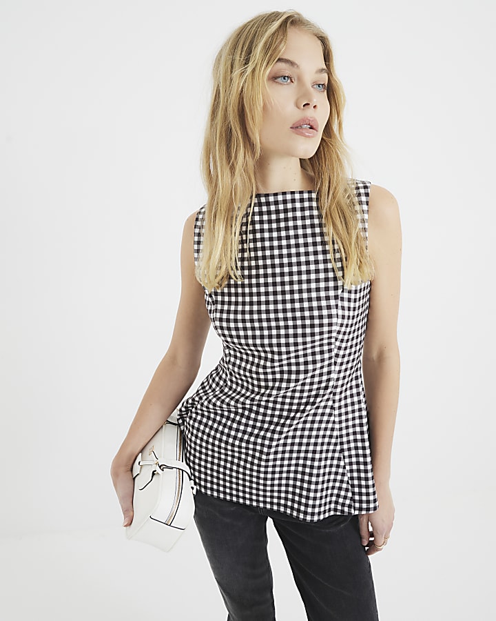 Monochrome Gingham Sleeveless Peplum Top