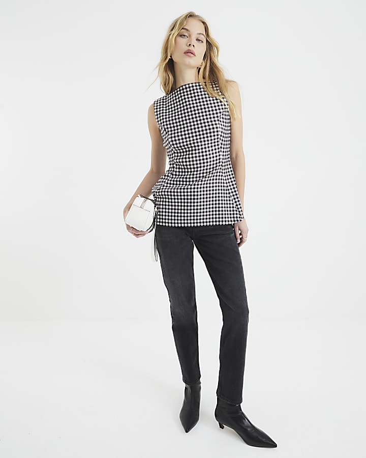 Monochrome Gingham Sleeveless Peplum Top