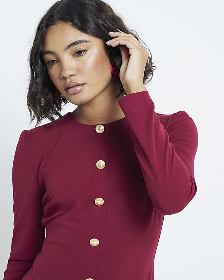 Red Scuba Button Shift Mini Dress