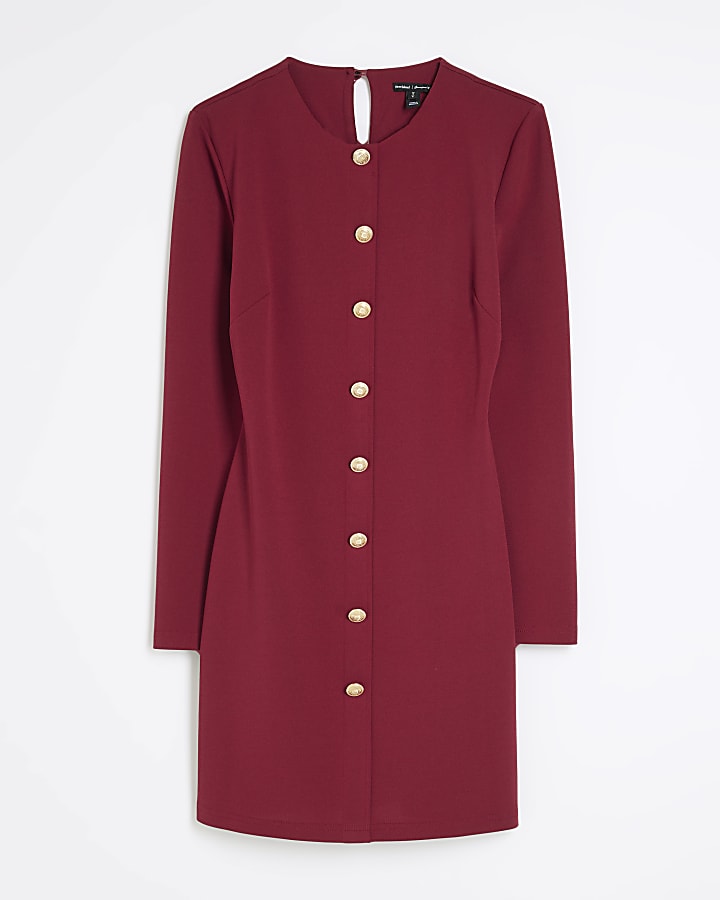 Red Scuba Button Shift Mini Dress