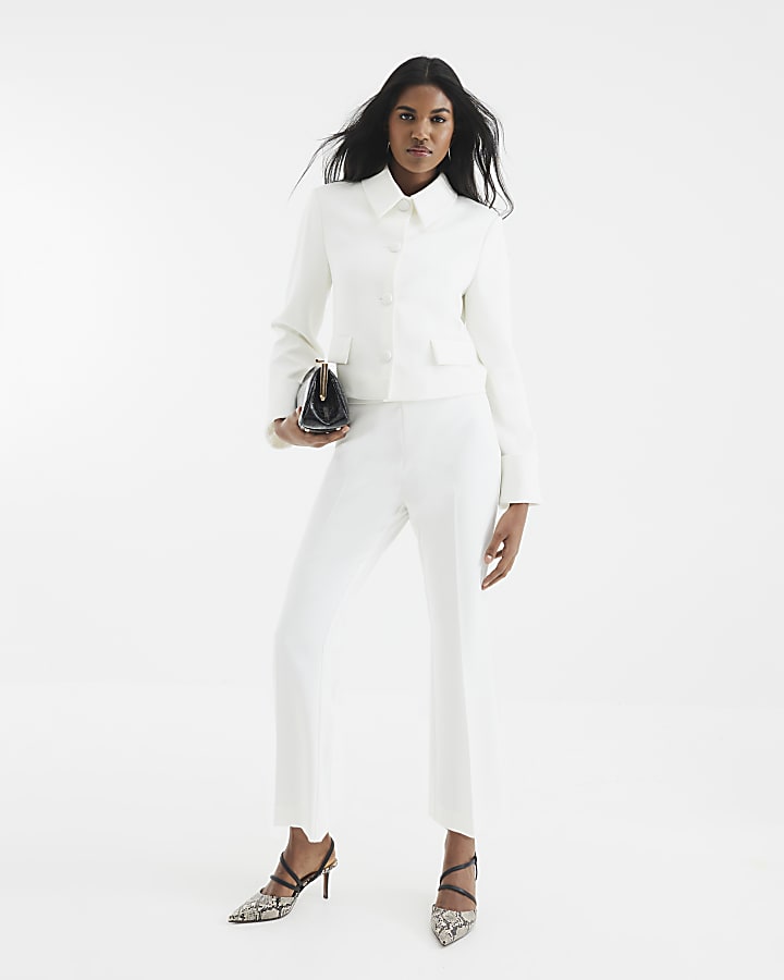 White Cropped Flare Trousers