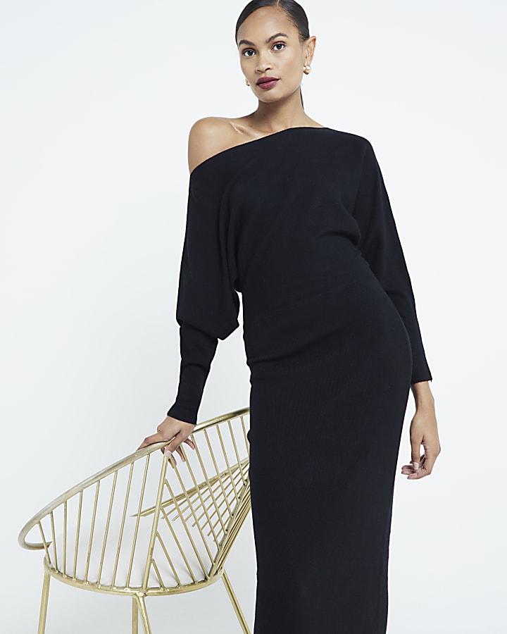 Black Knit Off The Shoulder Maxi Dress