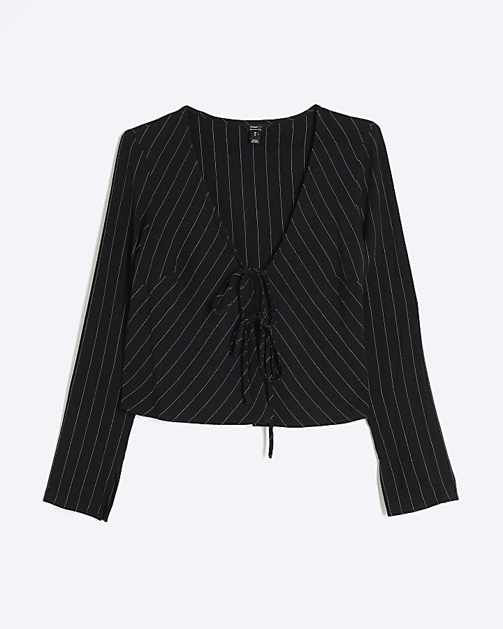 Black Long Sleeve Tie Front Striped Shirt