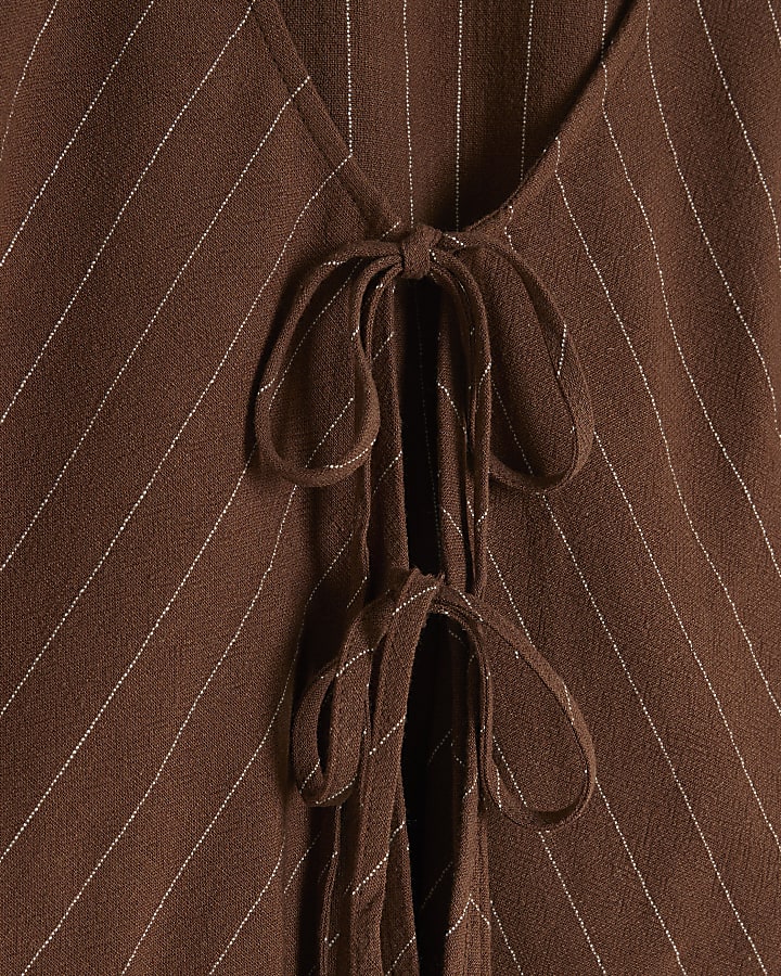 Brown Long Sleeve Tie Front Striped Shirt