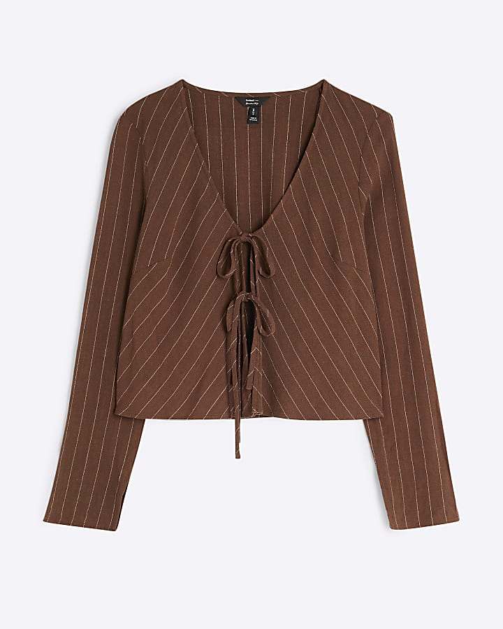 Brown Long Sleeve Tie Front Striped Shirt