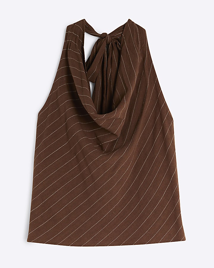 Brown Stripe Halter Neck Tie Top