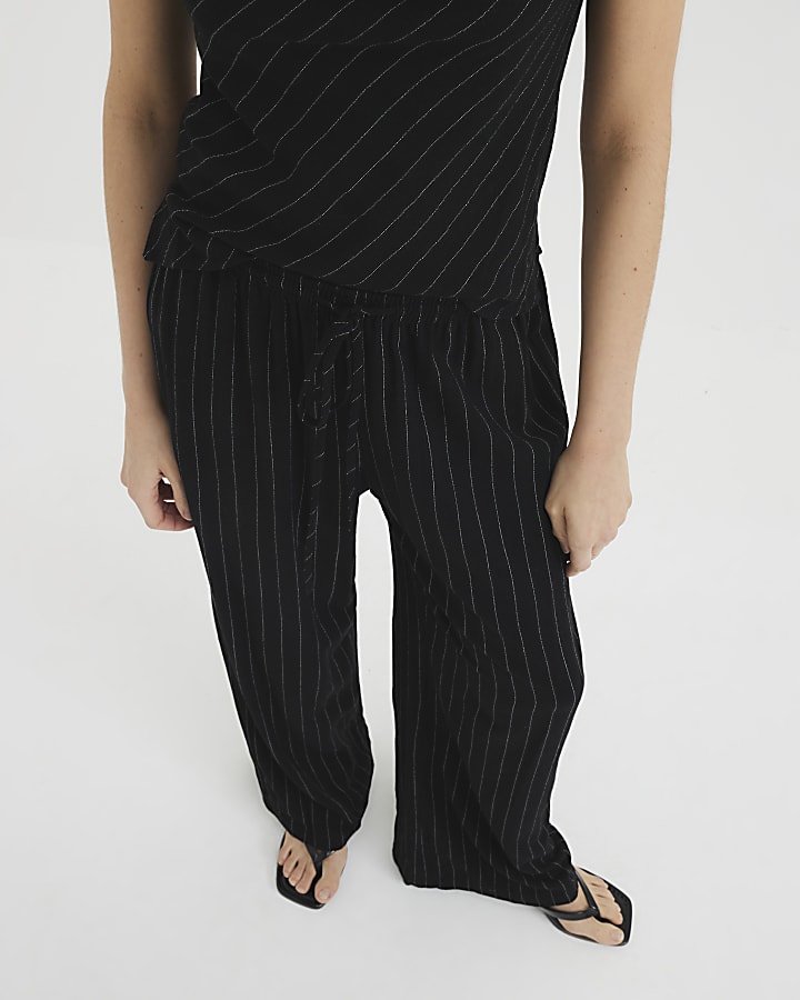 Black Linen Blend Striped Trousers