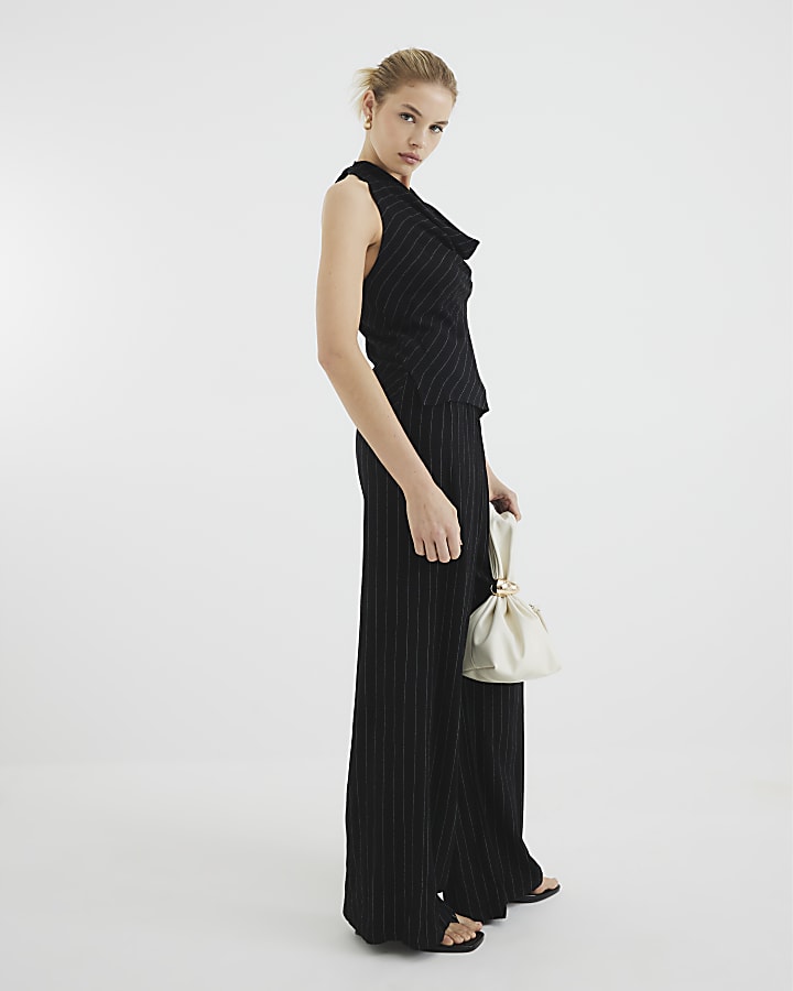 Black Linen Blend Striped Trousers