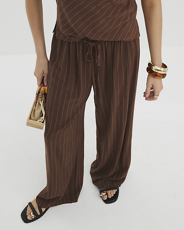 Brown Linen Blend Stripe Trousers