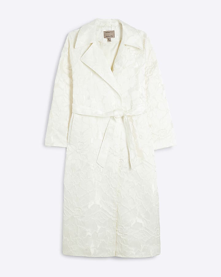 Cream Floral Jacquard Trench Coat