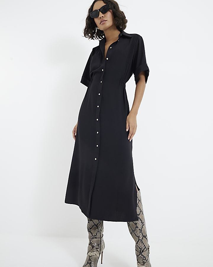 Black Short Sleeve Military Shirt Dress