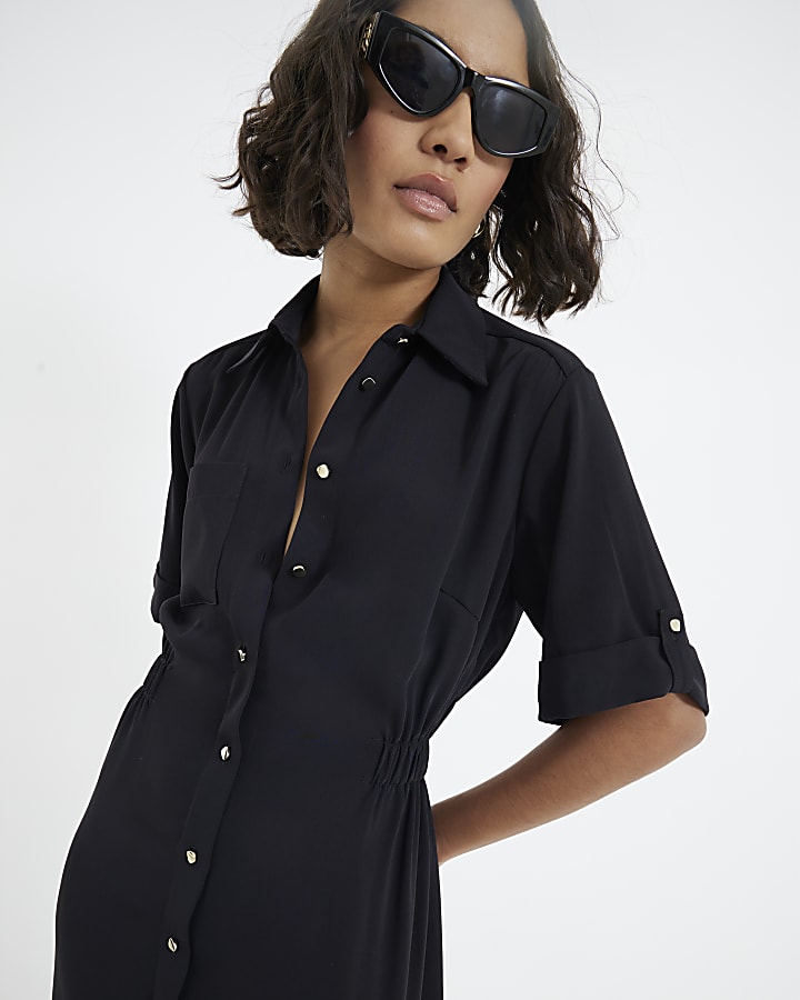 Black Short Sleeve Military Shirt Dress