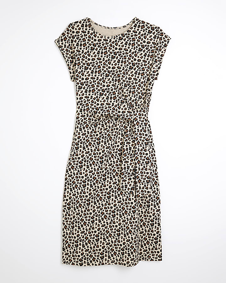 Brown Leopard Print Knot Midi Dress