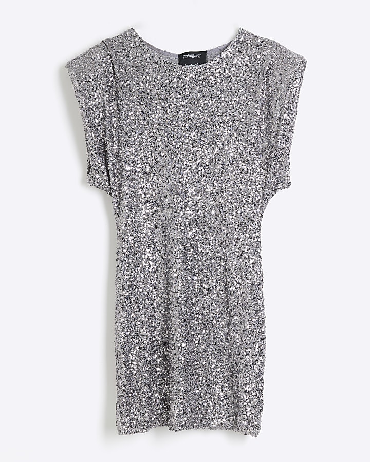 Silver Sequin Shoulder Padded Mini Dress