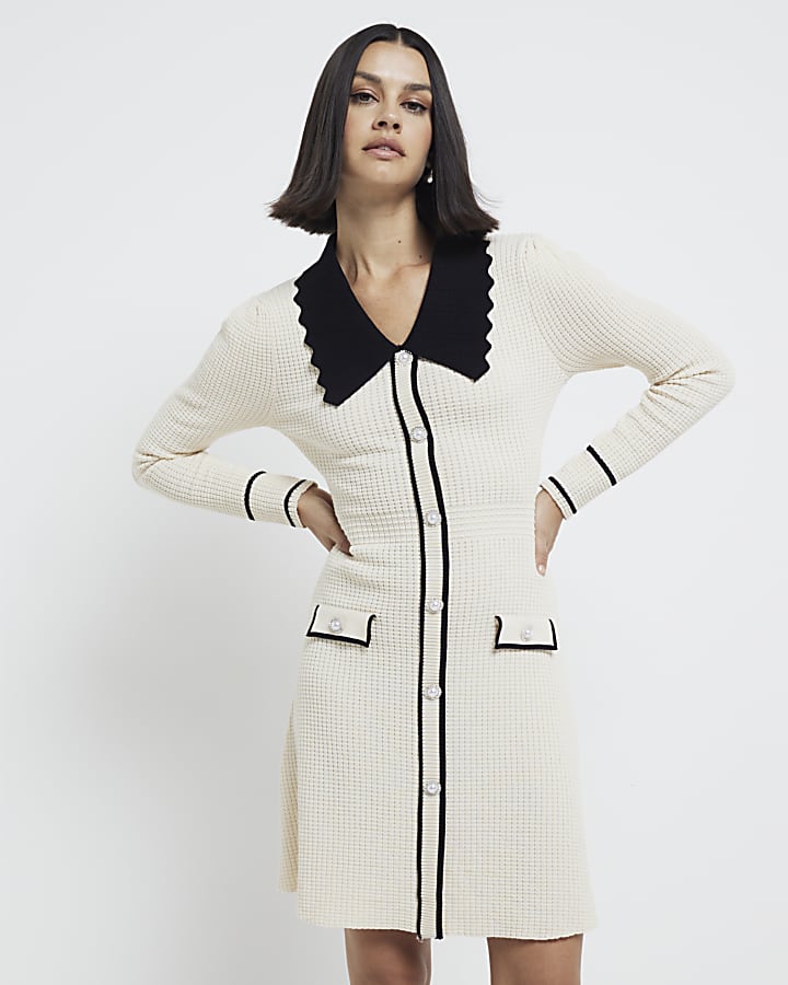 Cream Knitted Scallop Collared Dress