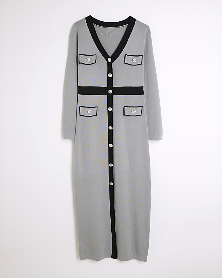 Grey Knitted Colour Block Midi Shirt Dress