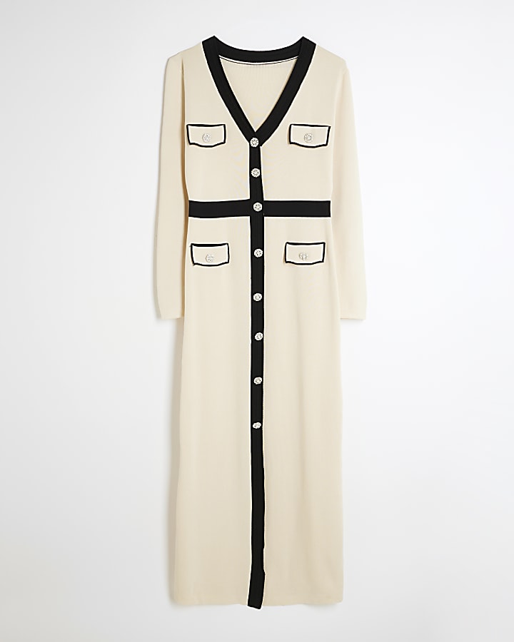 Cream Knitted Colour Block Midi Shirt Dress