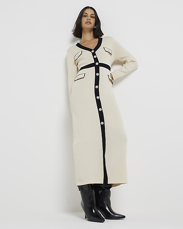 Cream Knitted Colour Block Midi Shirt Dress